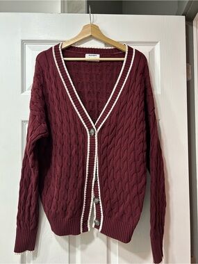 Old Navy Maroon Cable Knit Cardigan with White Trim